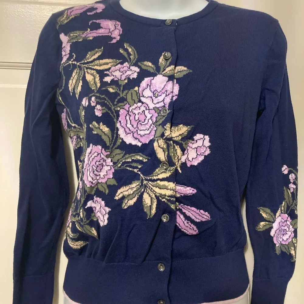 Lands' End Navy Cardigan with Purple Floral Embroidery - Picture 2 of 5